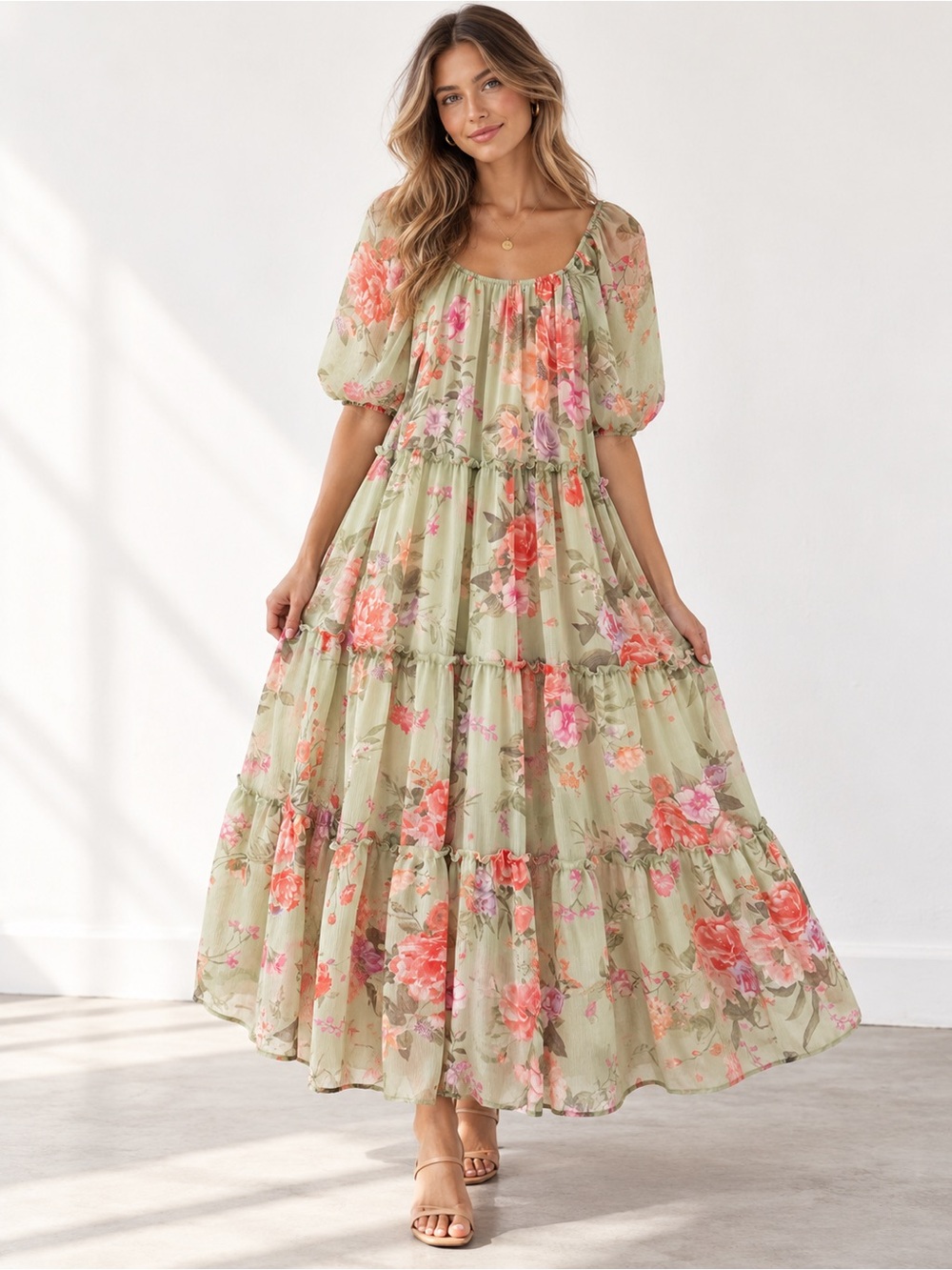 easel Sage Green Floral Tiered Maxi Dress with Puff Sleeves